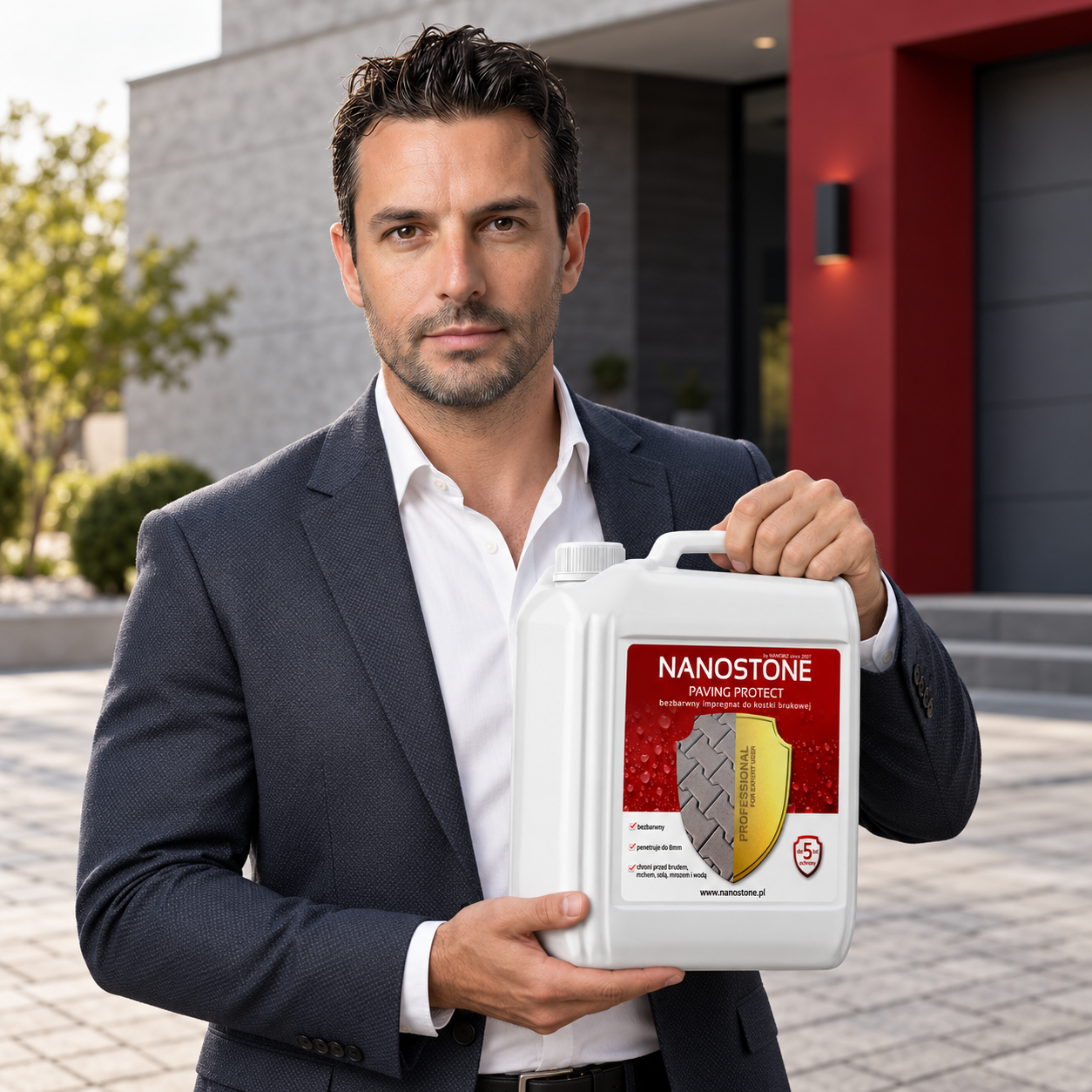 Model prezentujący impregnat NANOSTONE PAVING PROTECT do kostki brukowej